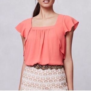 ANTHROPOLOGIE  Meadow Rue Coral Flutter Blouse.
